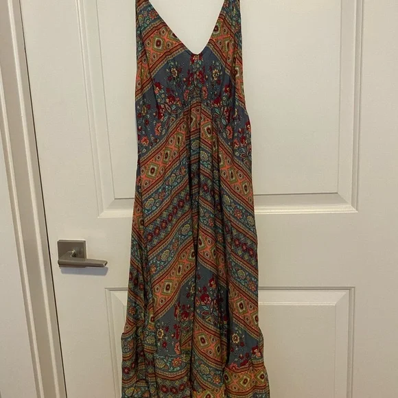 Boho Floral Tiered Maxi Dress in Teal and Rust - Picture 3 of 5